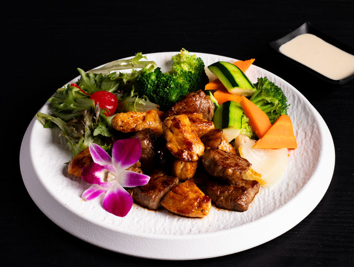 Grilled meat with mixed vegetables and sauce, Sakana, healthy meal on plate